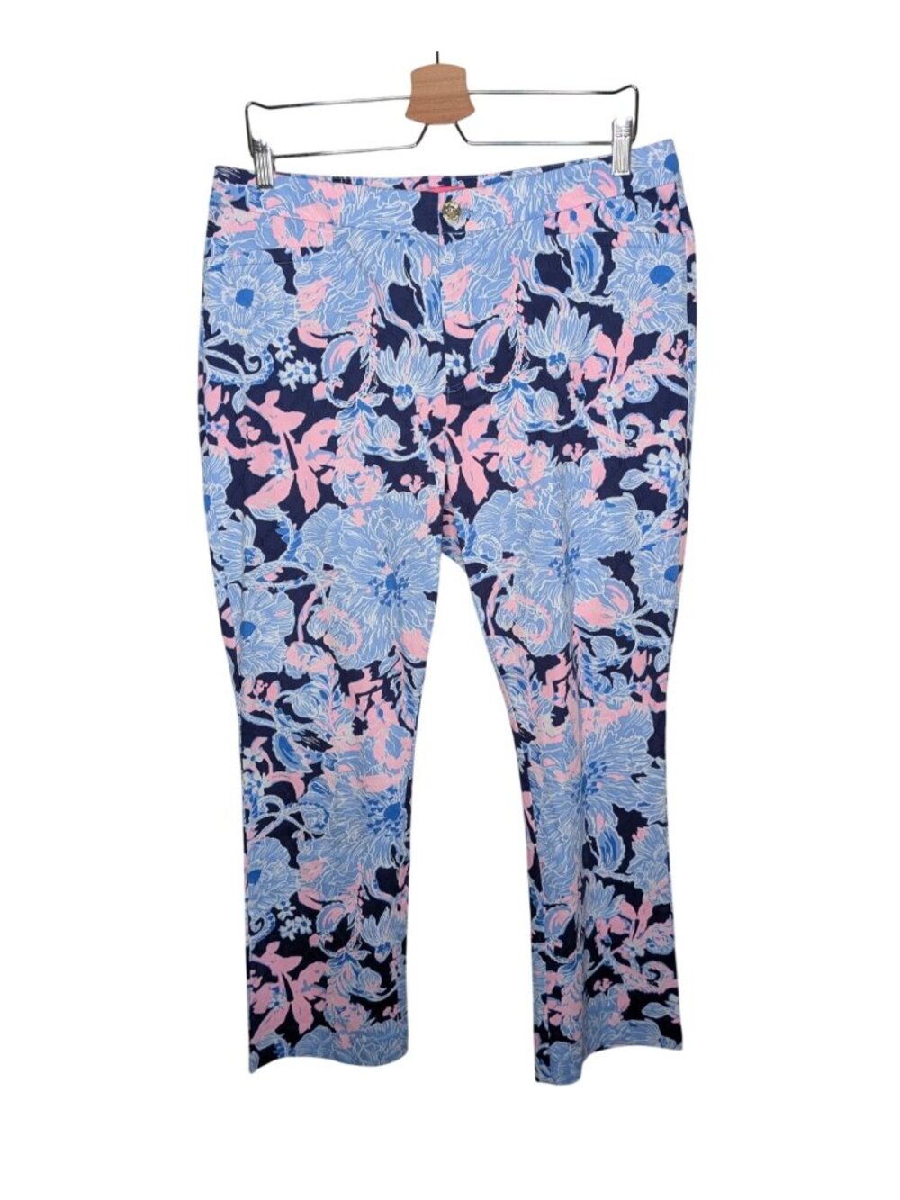 Lilly Pulitzer Kelly Blue Pink Floral Crop Pants Size 14 resortwear